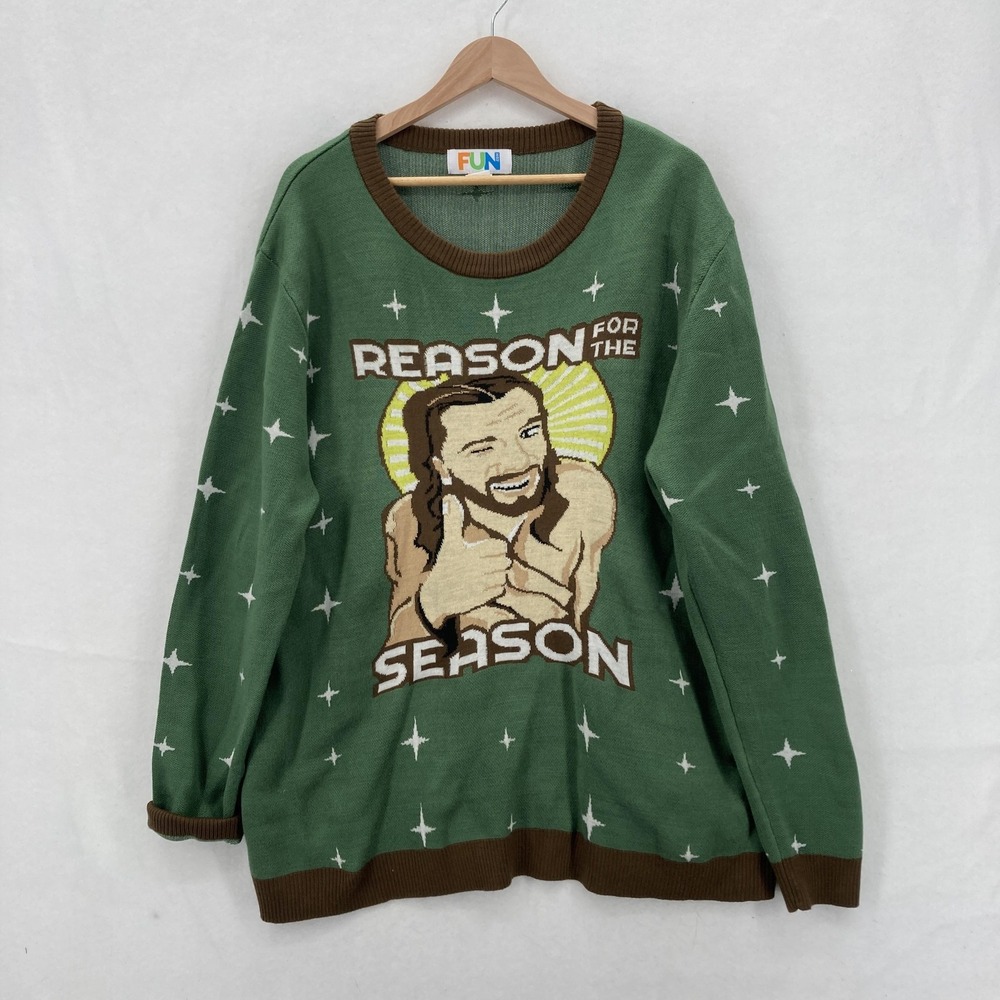 FUN.com Sweater Mens XL Green Ugly Christmas Jesus Reason For The Season Knit